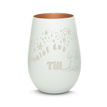 Hochwertiges Glas Windlicht für Kinder mit Gravur "SCHLAF GUT" Motiv Krokodil mit Wunschname in der Farbe Weiß/Bronze