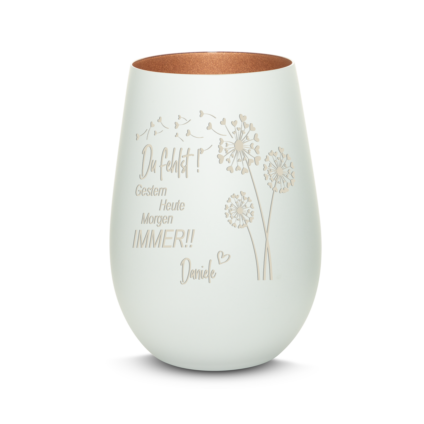 Hochwertiges Glas Windlicht mit Gravur als Trauerlicht "DU FEHLST! GESTERN HEUTE MORGEN IMMER" mit Wunschname in der Farbe Weiß/Bronze