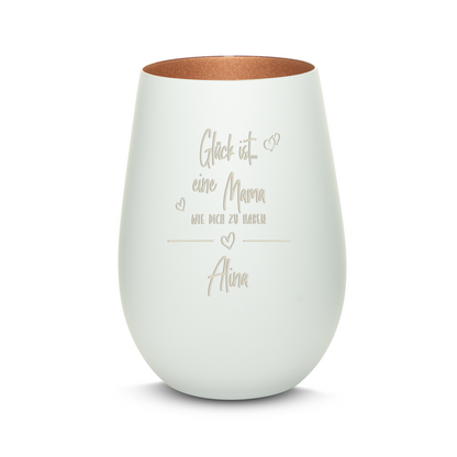 Hochwertiges Glas Windlicht mit Gravur "GLÜCK IST EINE MAMA WIE DICH ZU HABEN" mit Wunschname in der Farbe Weiß/Bronze