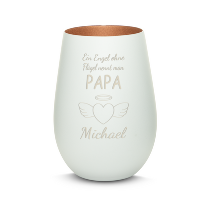 Hochwertiges Glas Windlicht mit Gravur "EIN ENGEL OHNE FLÜGEL NENNT MAN PAPA" mit Wunschname in der Farbe Weiß/Bronze