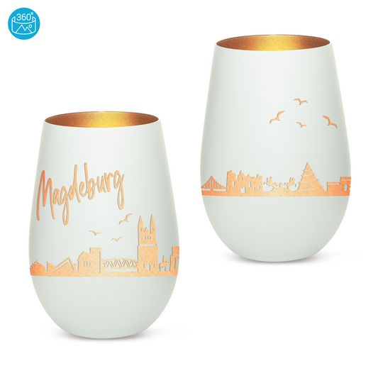 Hochwertiges Glas Windlicht mit Gravur "SKYLINE MAGDEBURG" in der Farbe Weiß/Bronze