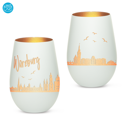 Hochwertiges Glas Windlicht mit Gravur "SKYLINE WÜRZBURG" in der Farbe Weiß/Bronze
