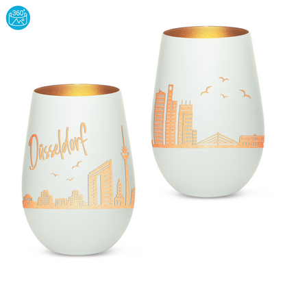 Hochwertiges Glas Windlicht mit Gravur "SKYLINE DÜSSELDORF" in der Farbe Weiß/Bronze