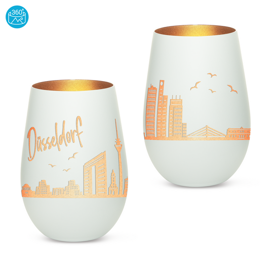 Hochwertiges Glas Windlicht mit Gravur "SKYLINE DÜSSELDORF" in der Farbe Weiß/Bronze