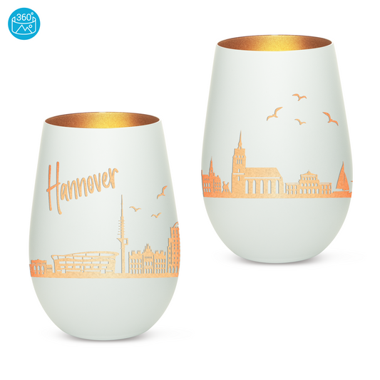 Hochwertiges Glas Windlicht mit Gravur "SKYLINE HANNOVER" in der Farbe Weiß/Bronze