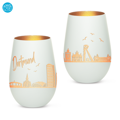 Hochwertiges Glas Windlicht mit Gravur "SKYLINE DORTMUND" in der Farbe Weiß/Bronze