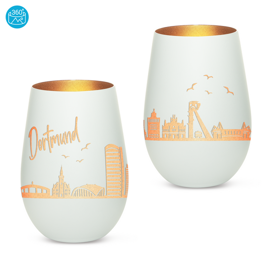 Hochwertiges Glas Windlicht mit Gravur "SKYLINE DORTMUND" in der Farbe Weiß/Bronze