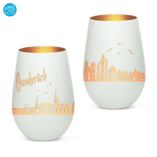 Hochwertiges Glas Windlicht mit Gravur "SKYLINE OSNABRÜCK" in der Farbe Weiß/Bronze