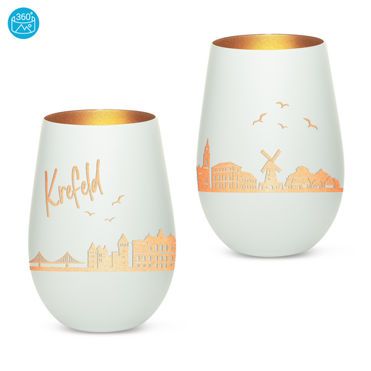 Hochwertiges Glas Windlicht mit Gravur "SKYLINE KREFELD" in der Farbe Weiß/Bronze