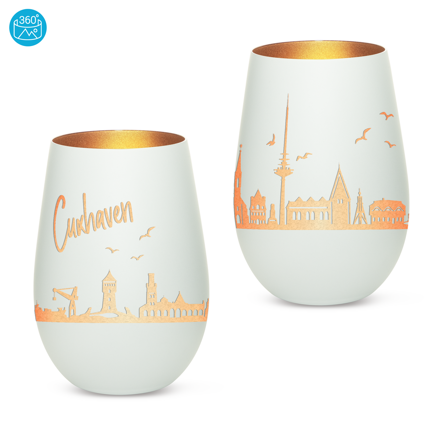 Hochwertiges Glas Windlicht mit Gravur "SKYLINE CUXHAVEN" in der Farbe Weiß/Bronze