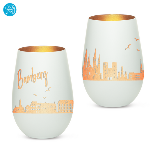 Hochwertiges Glas Windlicht mit Gravur "SKYLINE BAMBERG" in der Farbe Weiß/Bronze
