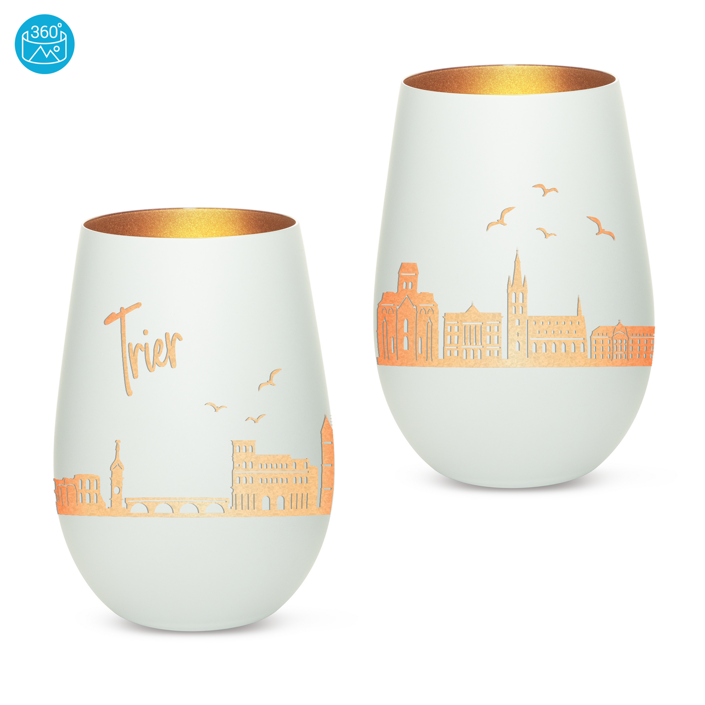 Hochwertiges Glas Windlicht mit Gravur "SKYLINE TRIER" in der Farbe Weiß/Bronze