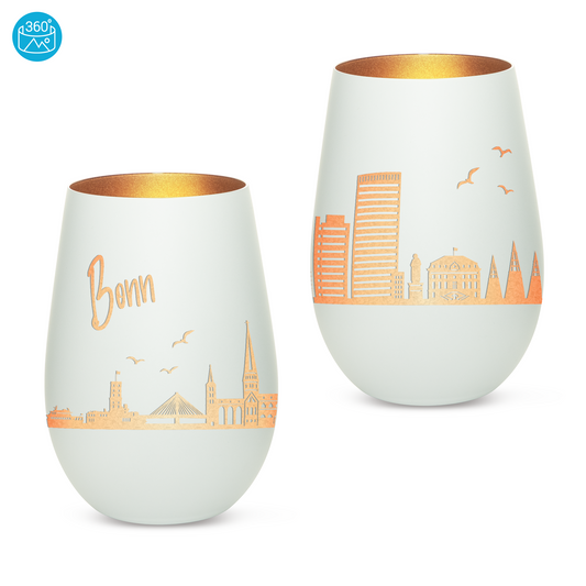 Hochwertiges Glas Windlicht mit Gravur "SKYLINE BONN" in der Farbe Weiß/Bronze
