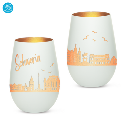 Hochwertiges Glas Windlicht mit Gravur "SKYLINE SCHWERIN" in der Farbe Weiß/Bronze