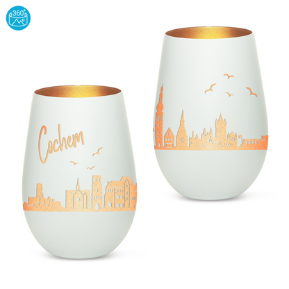 Hochwertiges Glas Windlicht mit Gravur "SKYLINE COCHEM" in der Farbe Weiß/Bronze