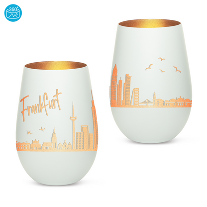 Hochwertiges Glas Windlicht mit Gravur "SKYLINE FRANKFURT" in der Farbe Weiß/Bronze