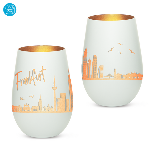 Hochwertiges Glas Windlicht mit Gravur "SKYLINE FRANKFURT" in der Farbe Weiß/Bronze