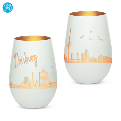 Hochwertiges Glas Windlicht mit Gravur "SKYLINE DUISBURG" in der Farbe Weiß/Bronze
