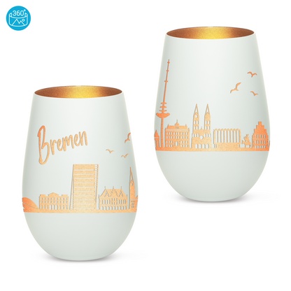 Hochwertiges Glas Windlicht mit Gravur "SKYLINE BREMEN" in der Farbe Weiß/Bronze