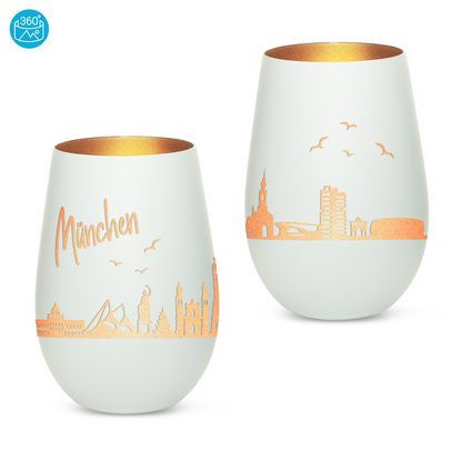 Hochwertiges Glas Windlicht mit Gravur "SKYLINE MÜNCHEN" in der Farbe Weiß/Bronze