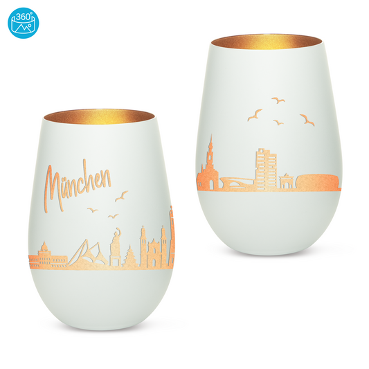 Hochwertiges Glas Windlicht mit Gravur "SKYLINE MÜNCHEN" in der Farbe Weiß/Bronze