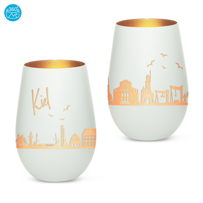 Hochwertiges Glas Windlicht mit Gravur "SKYLINE KIEL" in der Farbe Weiß/Bronze