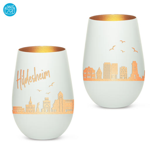 Hochwertiges Glas Windlicht mit Gravur "SKYLINE HILDESHEIM" in der Farbe Weiß/Bronze
