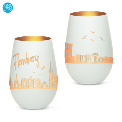 Hochwertiges Glas Windlicht mit Gravur "SKYLINE FLENSBURG" in der Farbe Weiß/Bronze