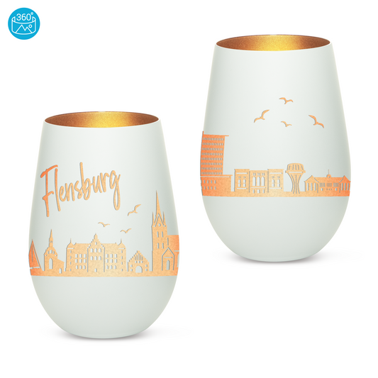 Hochwertiges Glas Windlicht mit Gravur "SKYLINE FLENSBURG" in der Farbe Weiß/Bronze