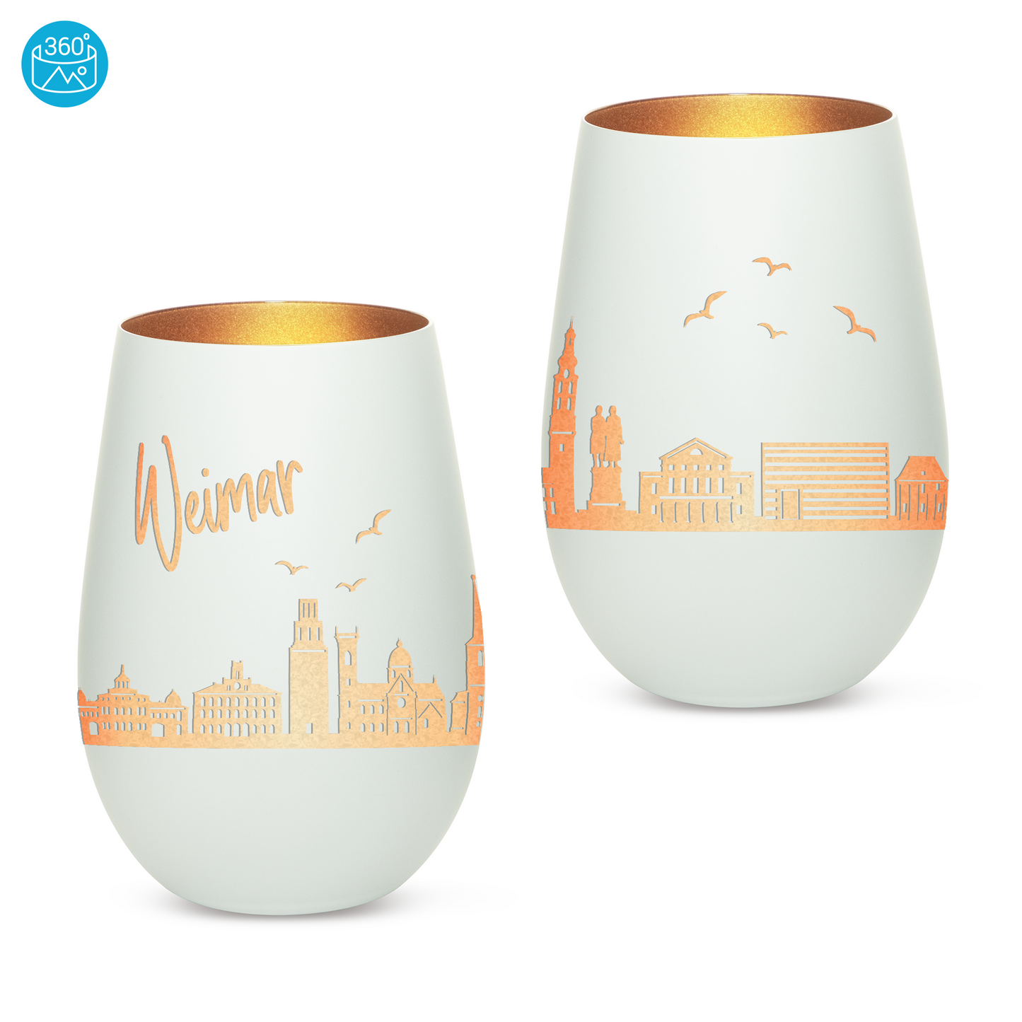Hochwertiges Glas Windlicht mit Gravur "SKYLINE WEIMAR" in der Farbe Weiß/Bronze