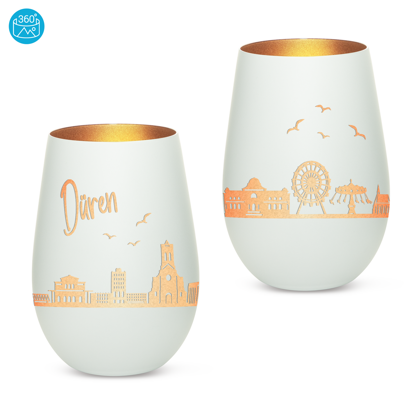 Hochwertiges Glas Windlicht mit Gravur "SKYLINE DÜREN" in der Farbe Weiß/Bronze