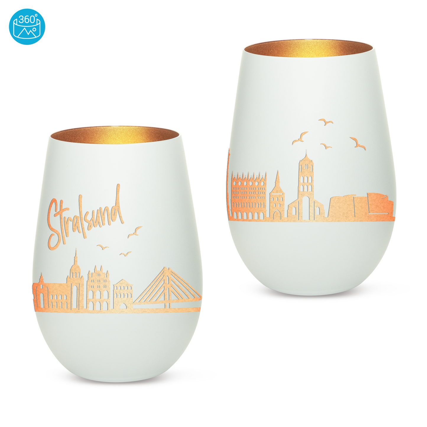 Hochwertiges Glas Windlicht mit Gravur "SKYLINE STRALSUND" in der Farbe Weiß/Bronze