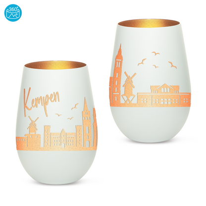 Hochwertiges Glas Windlicht mit Gravur "SKYLINE KEMPEN" in der Farbe Weiß/Bronze