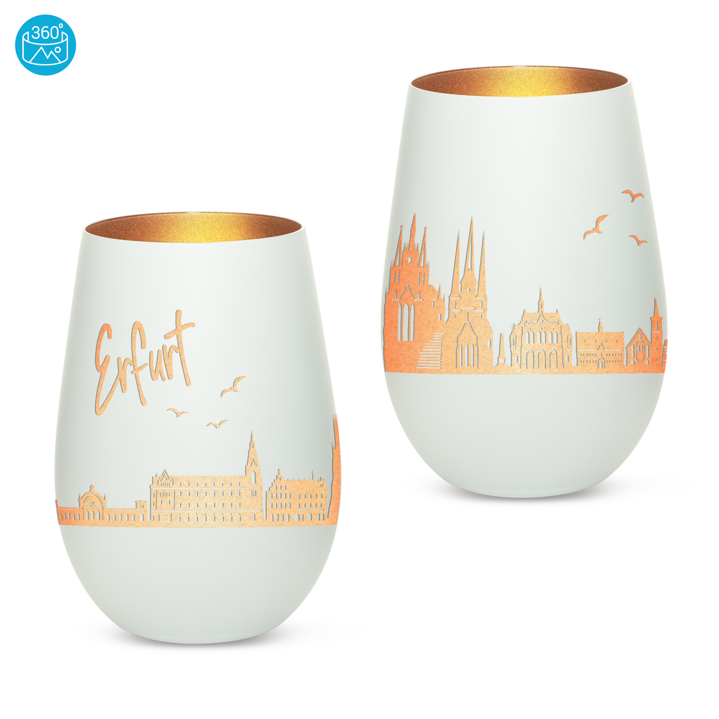 Hochwertiges Glas Windlicht mit Gravur "SKYLINE ERFURT" in der Farbe Weiß/Bronze