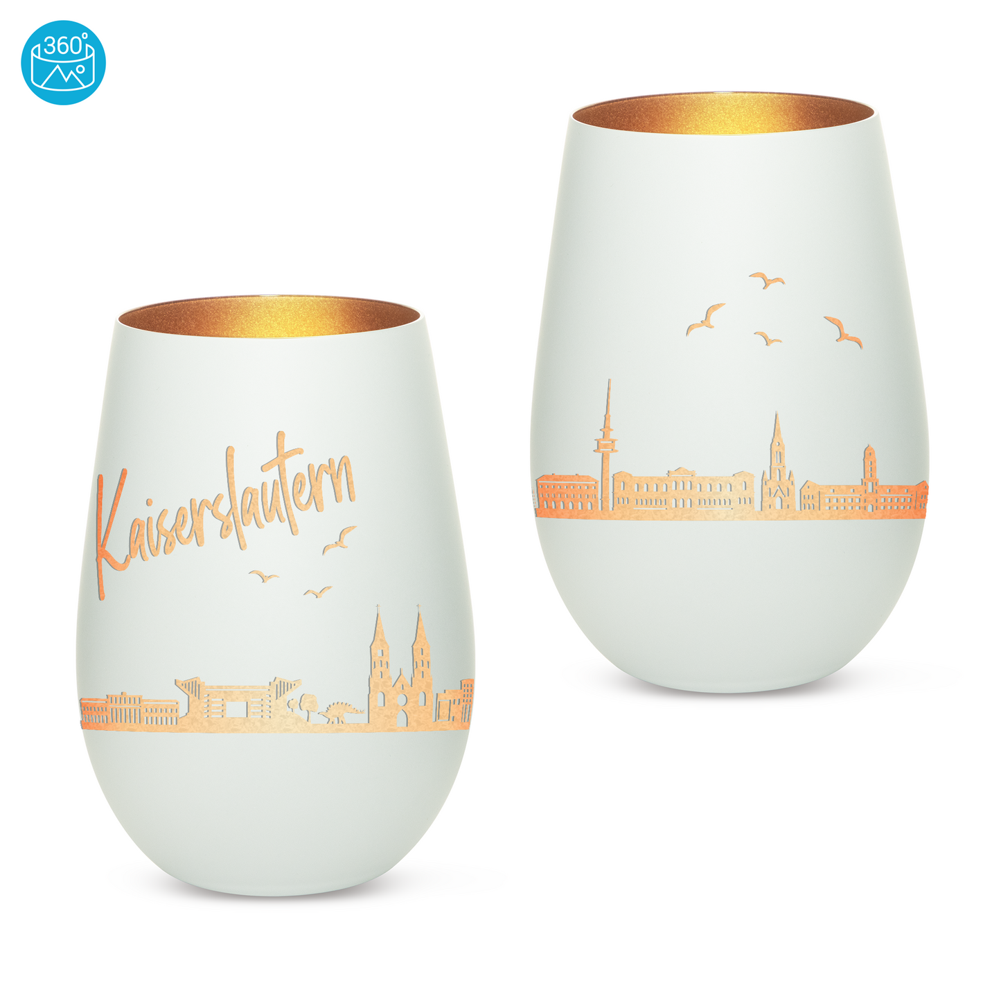 Hochwertiges Glas Windlicht mit Gravur "SKYLINE KAISERSLAUTERN" in der Farbe Weiß/Bronze