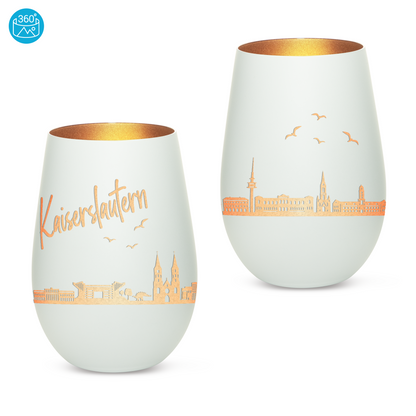 Hochwertiges Glas Windlicht mit Gravur "SKYLINE KAISERSLAUTERN" in der Farbe Weiß/Bronze