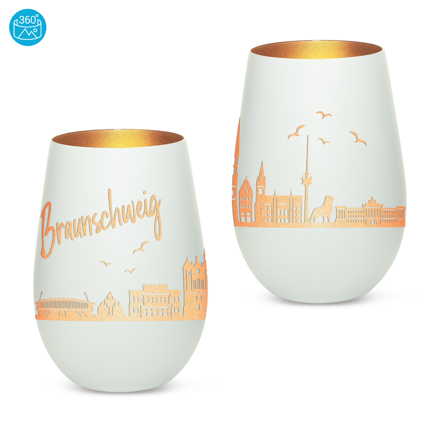 Hochwertiges Glas Windlicht mit Gravur "SKYLINE BRAUNSCHWEIG" in der Farbe Weiß/Bronze