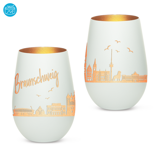 Hochwertiges Glas Windlicht mit Gravur "SKYLINE BRAUNSCHWEIG" in der Farbe Weiß/Bronze