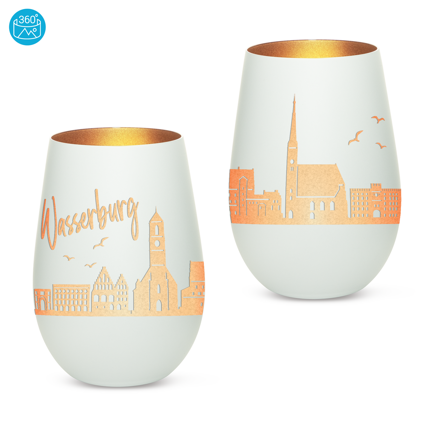 Hochwertiges Glas Windlicht mit Gravur "SKYLINE WASSERBURG" in der Farbe Weiß/Bronze