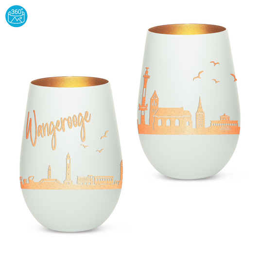 Hochwertiges Glas Windlicht mit Gravur "SKYLINE WANGEROOGE" in der Farbe Weiß/Bronze