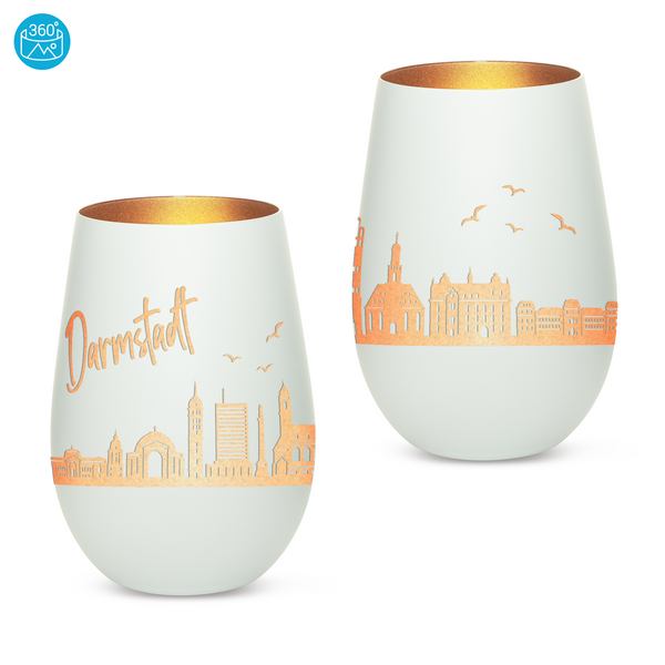 Hochwertiges Glas Windlicht mit Gravur "SKYLINE DARMSTADT" in der Farbe Weiß/Bronze