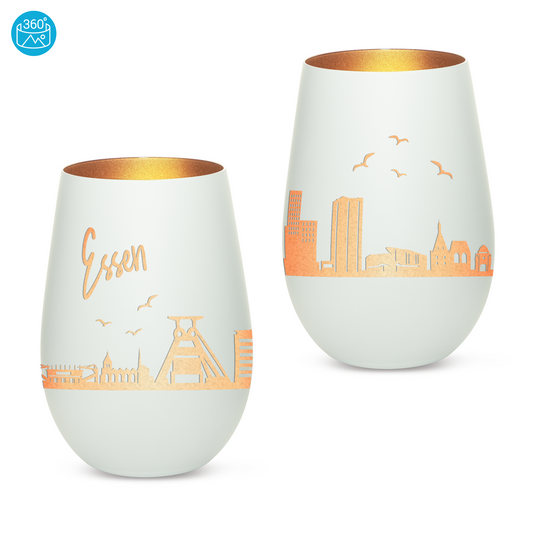 Hochwertiges Glas Windlicht mit Gravur "SKYLINE ESSEN" in der Farbe Weiß/Bronze