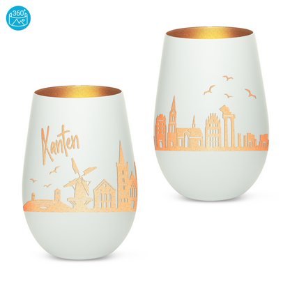 Hochwertiges Glas Windlicht mit Gravur "SKYLINE XANTEN" in der Farbe Weiß/Bronze