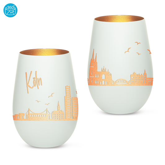 Hochwertiges Glas Windlicht mit Gravur "SKYLINE KÖLN" in der Farbe Weiß/Bronze