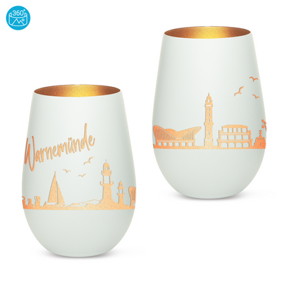 Hochwertiges Glas Windlicht mit Gravur "SKYLINE WARNEMÜNDE" in der Farbe Weiß/Bronze