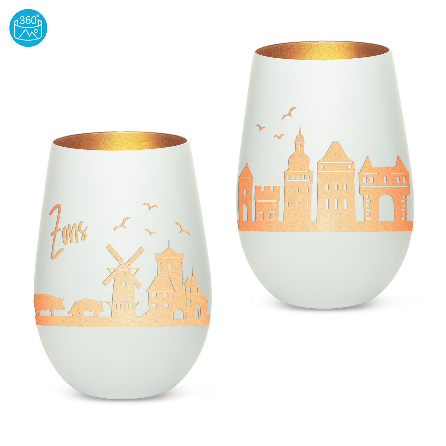 Hochwertiges Glas Windlicht mit Gravur "SKYLINE ZONS (DORMAGEN)" in der Farbe Weiß/Bronze
