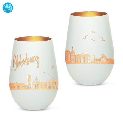 Hochwertiges Glas Windlicht mit Gravur "SKYLINE OLDENBURG" in der Farbe Weiß/Bronze