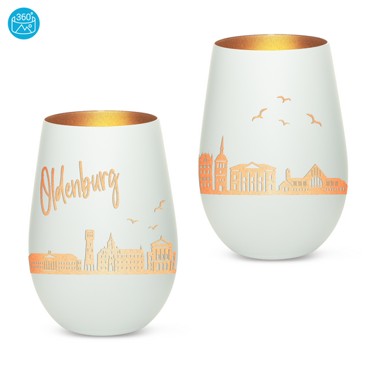 Hochwertiges Glas Windlicht mit Gravur "SKYLINE OLDENBURG" in der Farbe Weiß/Bronze