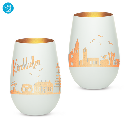 Hochwertiges Glas Windlicht mit Gravur "SKYLINE KIRCHHELLEN" in der Farbe Weiß/Bronze
