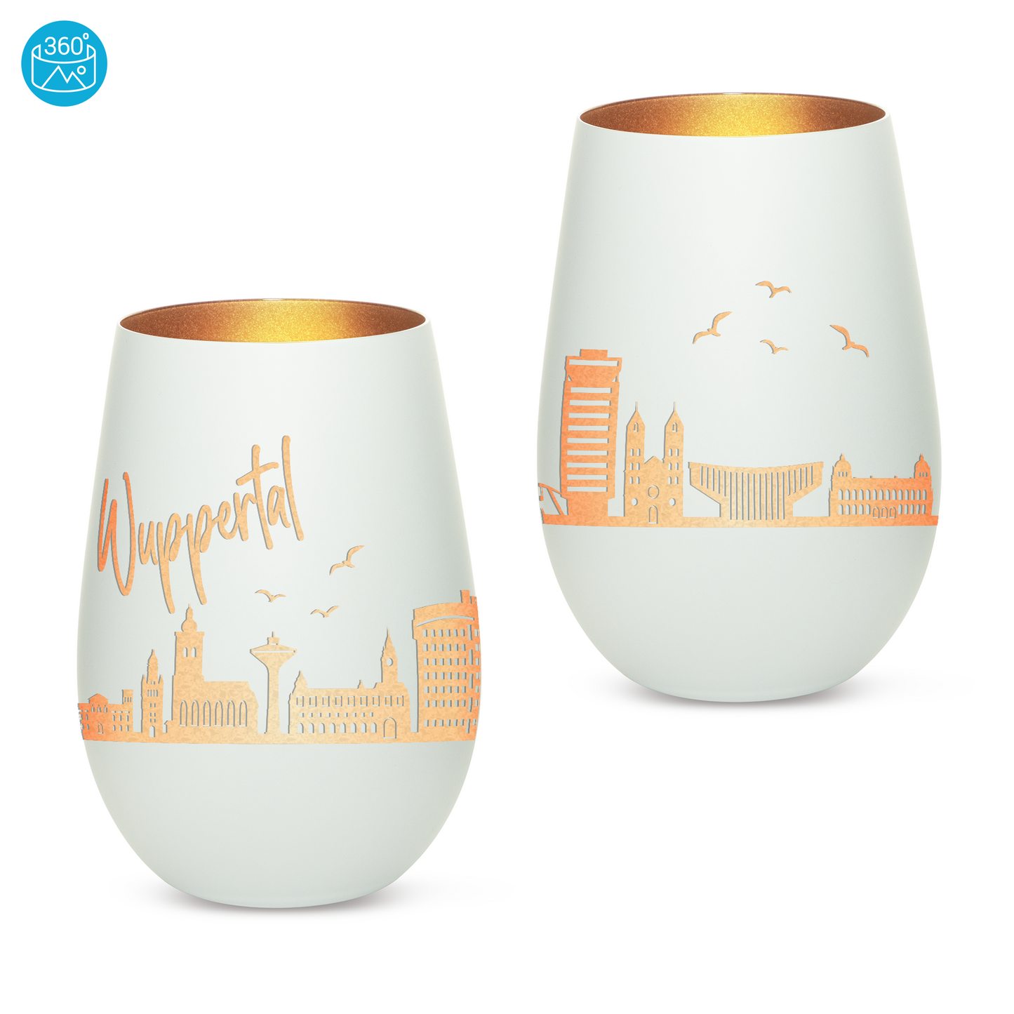 Hochwertiges Glas Windlicht mit Gravur "SKYLINE WUPPERTAL" in der Farbe Weiß/Bronze